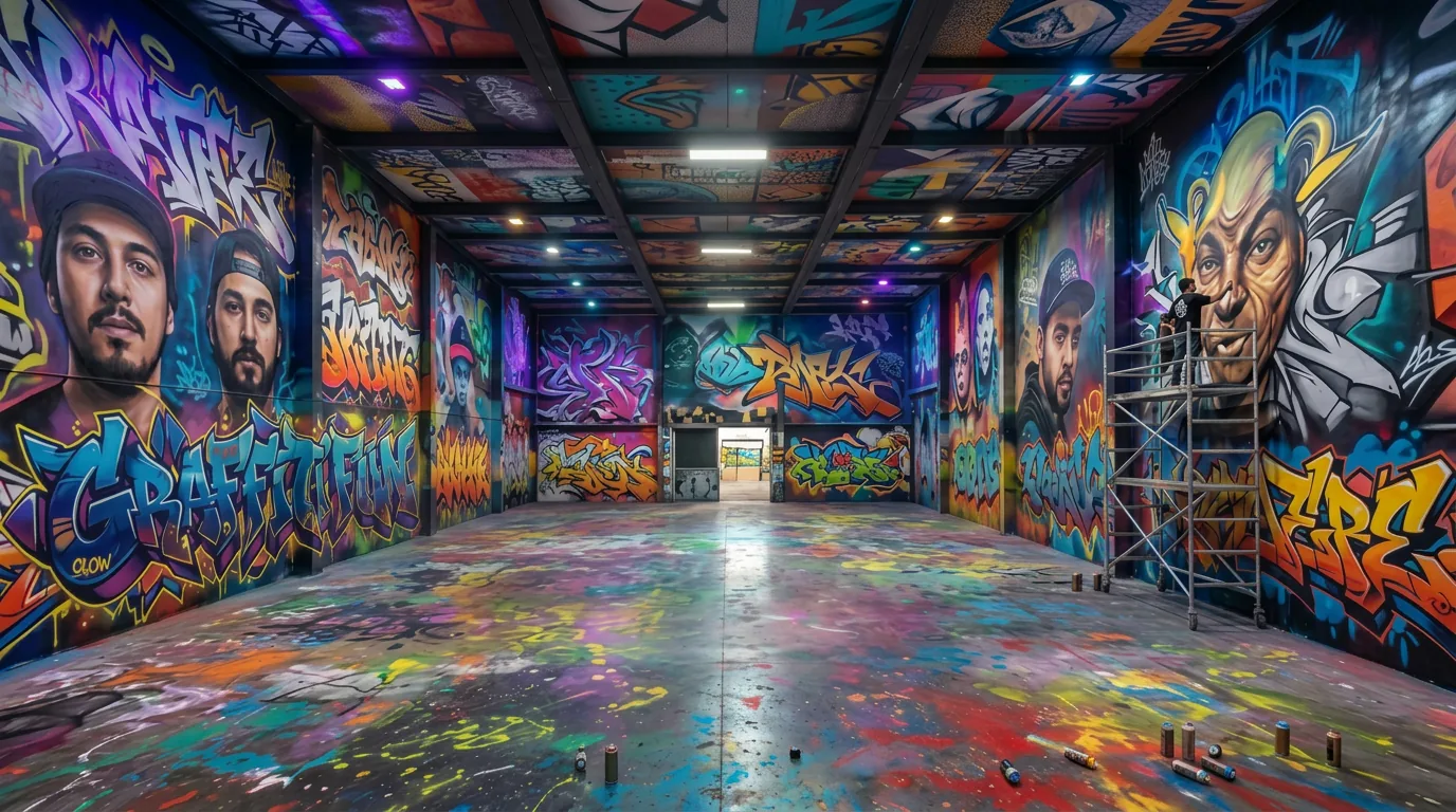 Colourful graffiti studio wall sprayed by Graffitifun artists